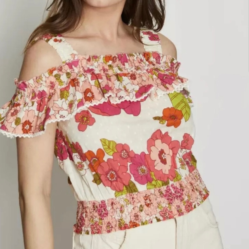 Love the Label Anthropologie Smocked Off the Shoulder Ruffle Floral Top.